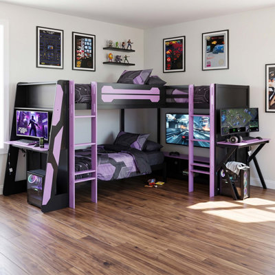 L-Shaped Wooden Twin Size Gaming Bed Frame With Rgb Led Lights, Triple Twin Beds, Usb Ports, Tv Stand & Storage Shelves, Reversible Layout, Space-Saving Wood Loft Bed For Teens & Adults