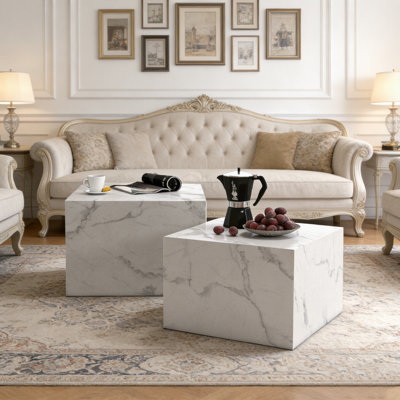 Tables basses gigognes en faux marbre - Ensemble de 2 tables d'appoint carrées modernes pour le salon, sans assemblage, blanc marbre