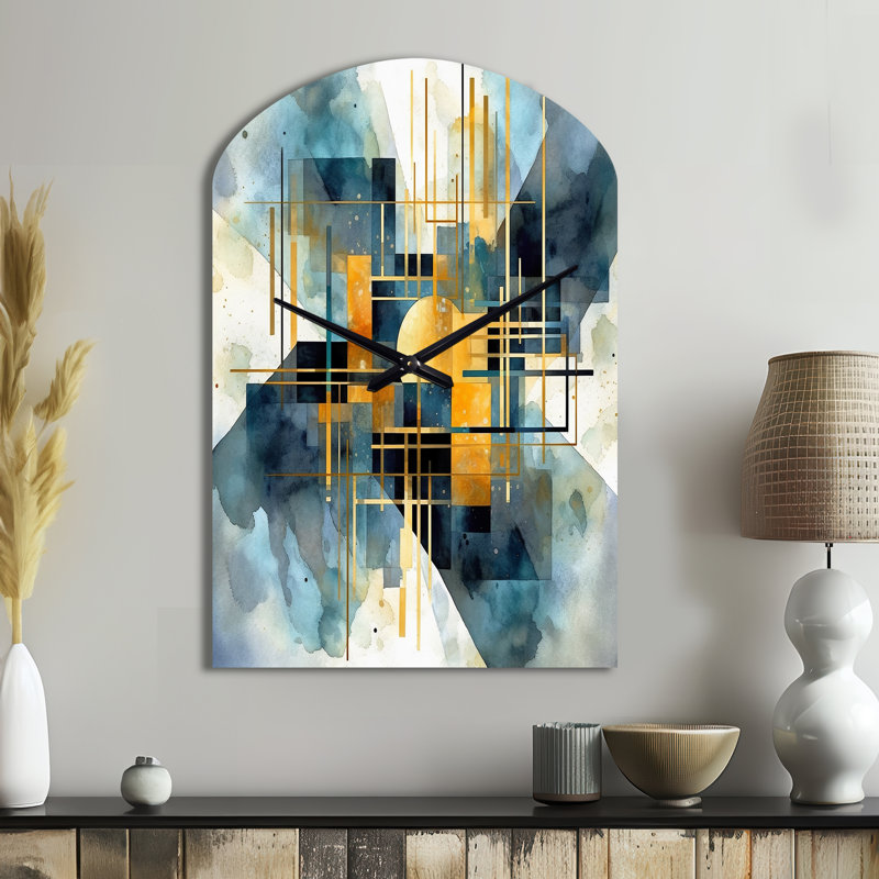Gold Blue Abstracted Realities - Arch Shape Large Abstract Shapes 3D Wall Clock, Moyenne