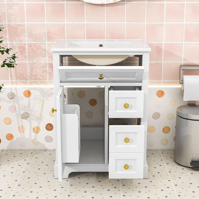 Meuble-lavabo compact compact avec lavabo en céramique lisse, charnières à fermeture en douceur et grand espace de rangement