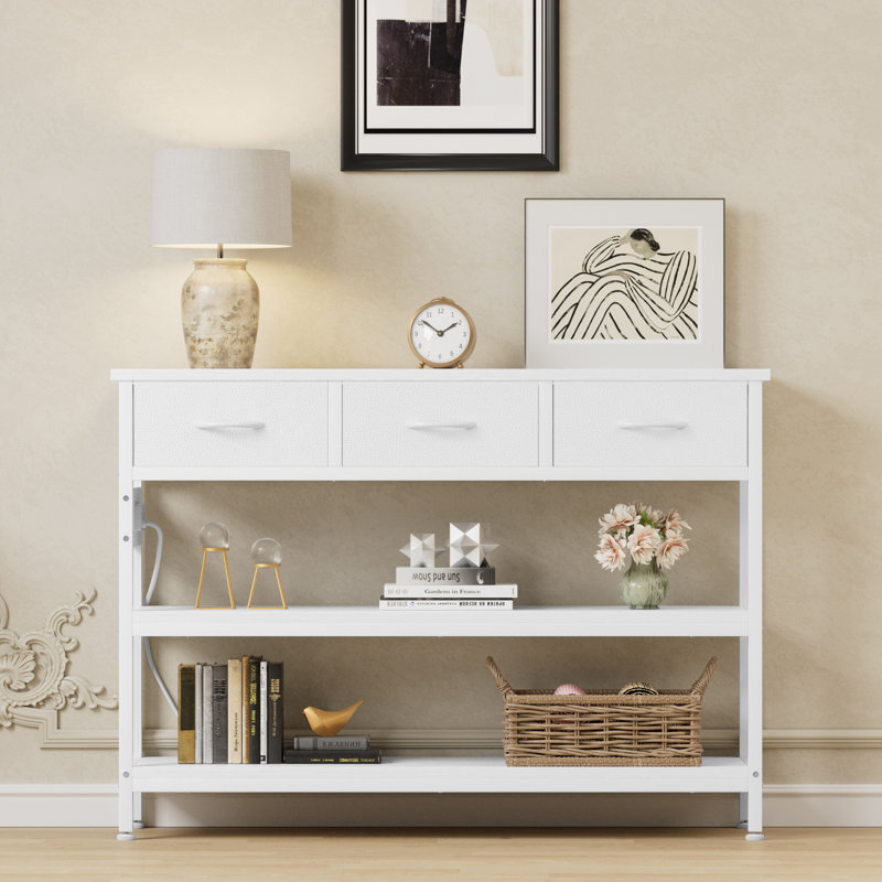 3-Tier Console Table With Charging Station & 3 Fabric Drawers,43.3'' Entryway Table With Storage Drawers And Open Shelves, Narrow Sofa Table With USB Ports And Outlets, Adjustable Feet, And Modern Design For Hallways, Living Rooms, And Small Spaces