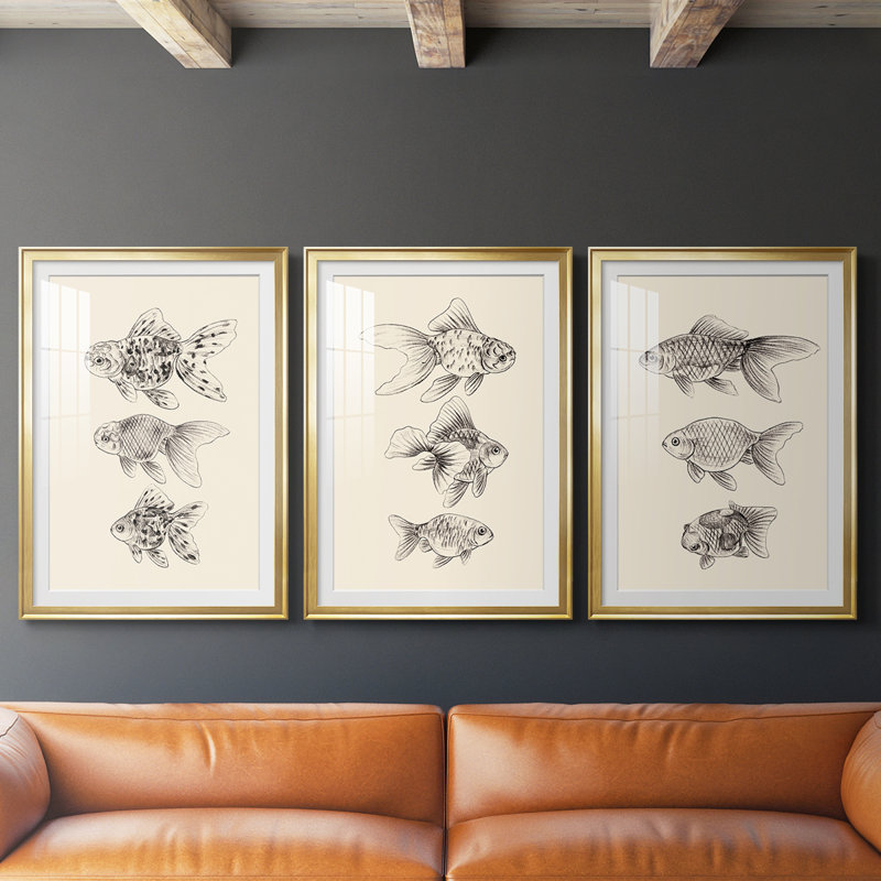 Goldfish II - reproduction sur mesure encadrée de qualité supérieure - 3 pièces, H 21 po x l 30 po, Doré