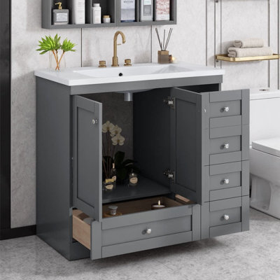 Meuble-lavabo autoportant de 36 po de style Shaker avec lavabo en résine - 4 tiroirs à fermeture en douceur et 2 portes à fermeture en douceur, armoire de rangement en panneau de fibres à densité moyenne avec trou de trop-plein, pour salle de bain