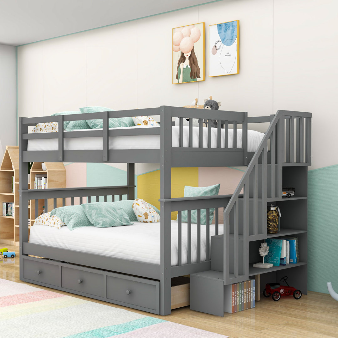 Harolene Kids Full Over Full 3 Drawers Wood Bunk Bed with Shelves Harriet Bee Bed Frame 