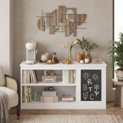 Armoire de rangement pour enfants et bibliothèque 3 en 1 avec tableau noir - Organisateur blanc moderne pour salle de jeux
