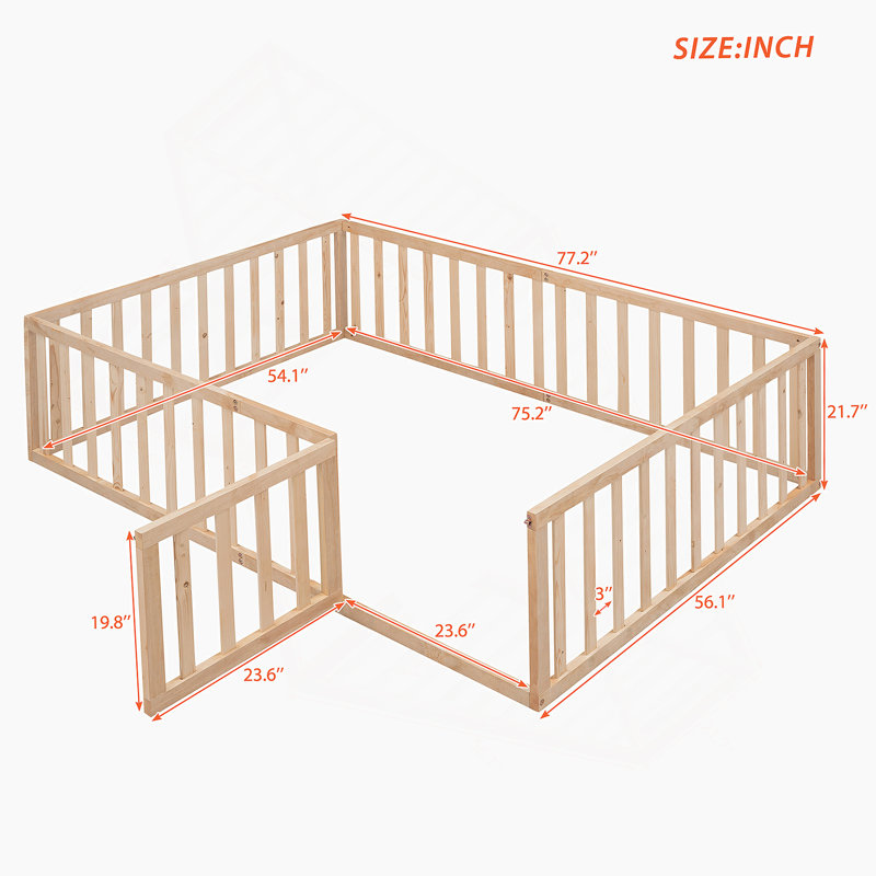 Structure de lit de jour en bois avec clôture et porte, Naturel