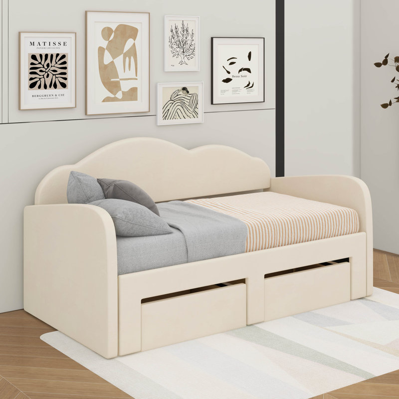 Lit de jour simple rembourré avec dossier en forme de nuage, lit gigogne, 2 tiroirs et ports USB, Blanc