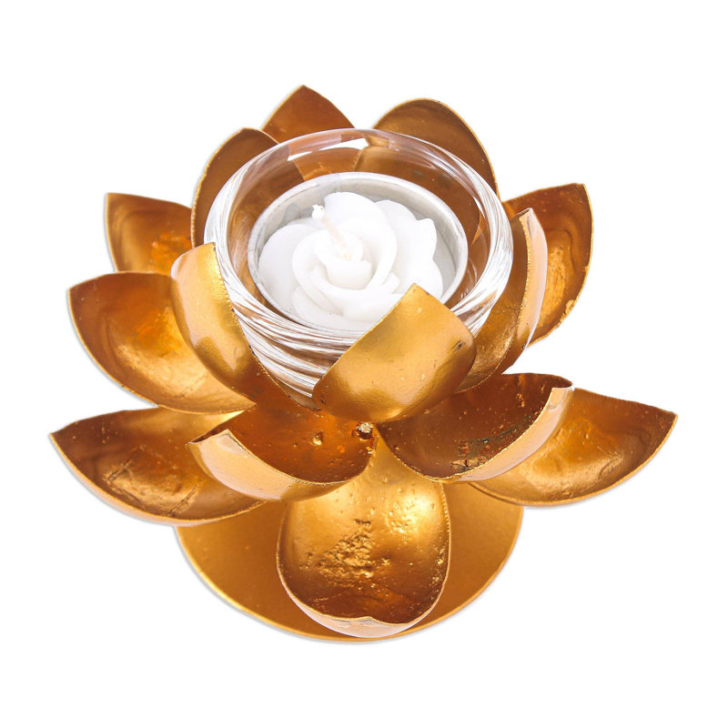 Photophore Bungalow Rose Lovely Lotus et acier et feuille d'or