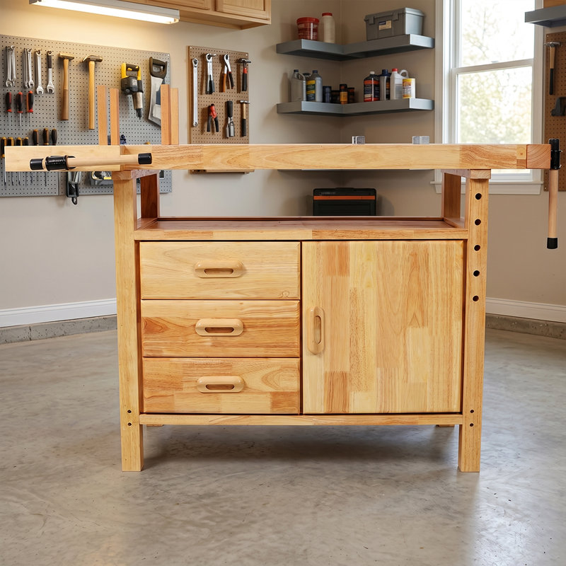 Natural Finish Woodworking Bench - Spacious 50" Rubberwood Work Table With Ample Storage