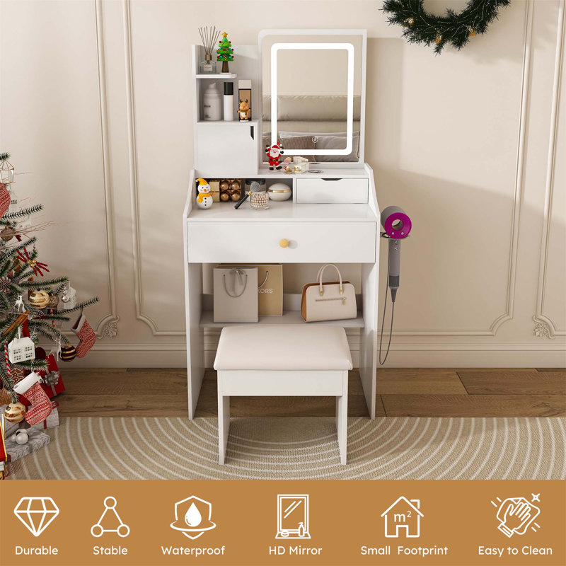 3-Color LED Vanity Mirror With Stool, Dressing Table For Bedroom, 2 Drawers & 5 Storage Cabinets (4 Open + 1 Hidden), Adjustable Lighting