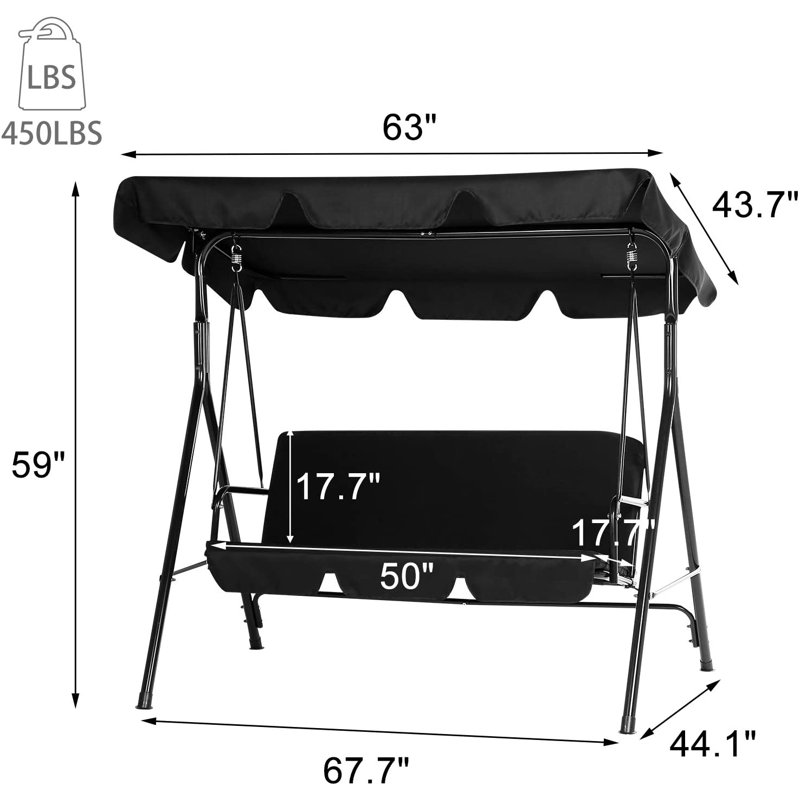 3 Person Porch Swing with Canopy, Dark Black