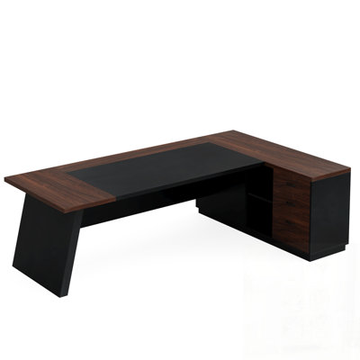 Bureau de direction en L avec classeur et tiroirs, poste de travail spacieux et moderne avec tablettes de rangement