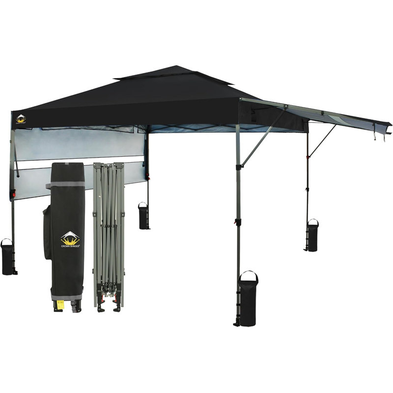 CROWN SHADES 10x10 Pop up Canopy Tent Patended Centerlock Instant Commercial Canopy with 150D Silver Coated Fabric Including 2 Extend Awnings, 4 Ropes, 8 Stakes, 4 Weight Bags, STO 'N Go Bag