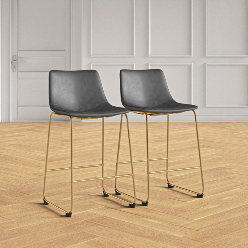 Tabouret de bar et de comptoir en cuir végétalien Nia, Gris, Doré, Tabouret de comptoir (assise de 24 po de hauteur)