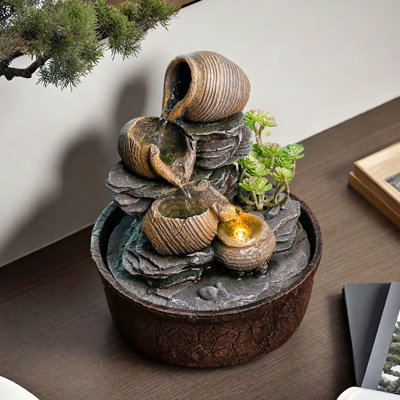 Fontaine de table, cascade d'eau en résine H 9,44 po avec lumières DEL pour la décoration intérieure de bureau à domicile