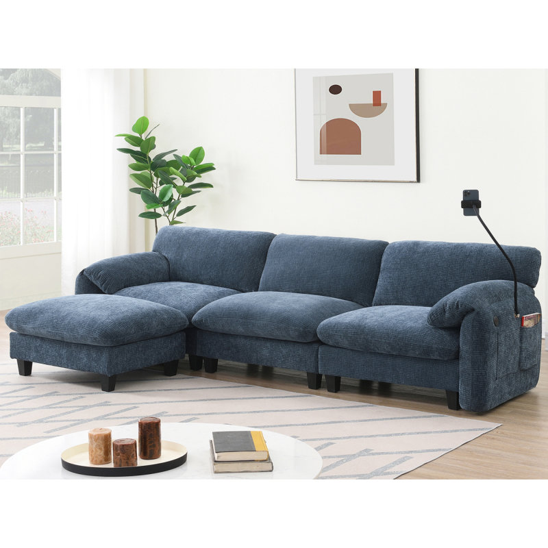Canapé modulaire de 108 po, Lhape avec coussin de siège extensible de 31,5 po, chargeur USB et Typec, support pour téléphone et 2 poches de rangement latérales, repose-pieds à mouvement libre, chenille rayée