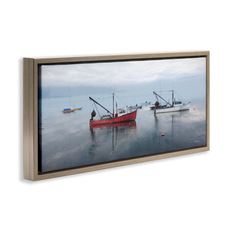 «Boat Harbor Seascape», art mural encadré par Lori Deiter, Cadre flottant orme Montalcino, H 14 po x l 31 po
