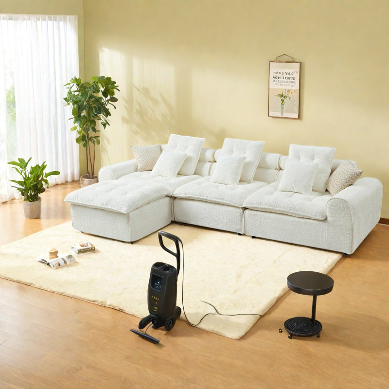 Canapé d'angle en bouclette blanche, grand canapé modulable à assise profonde, salon familial moderne, White Boucle