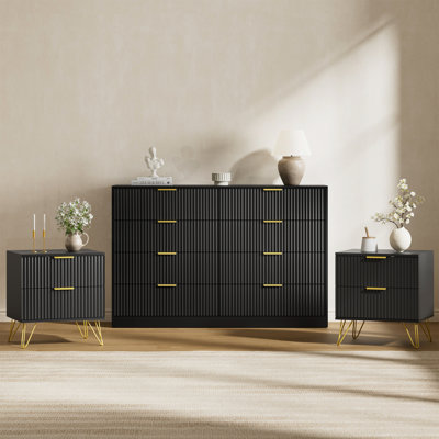 Ensemble de commode et table de chevet 3 pièces pour chambre à coucher, commode cannelée 8 tiroirs 55 po