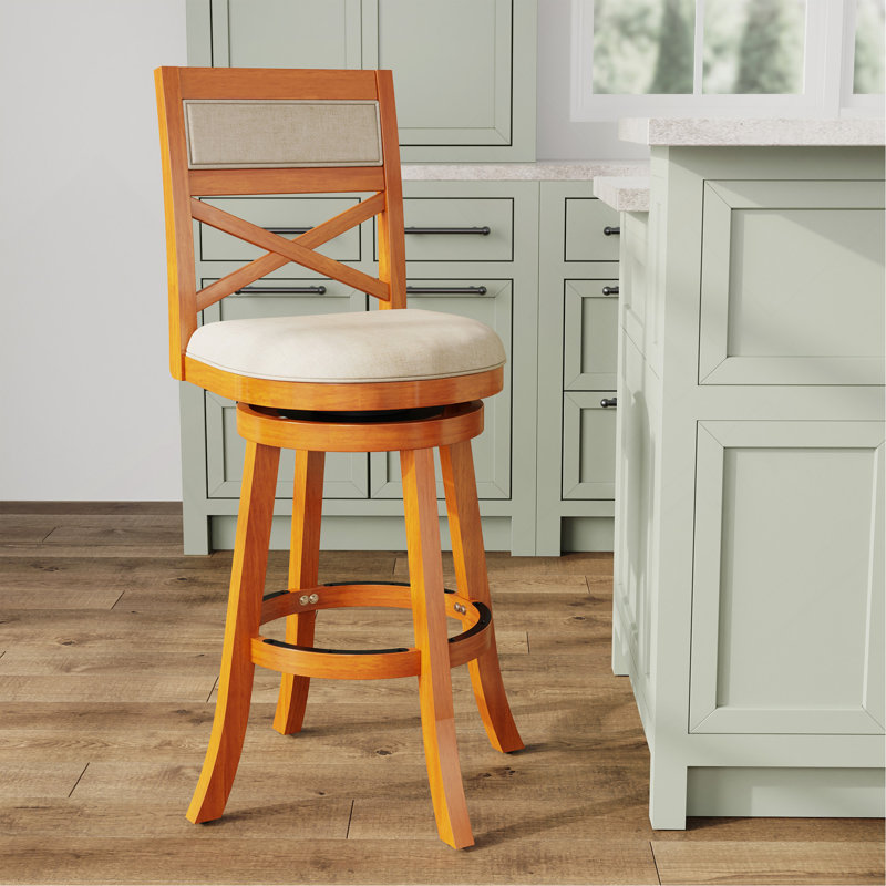 30" Bar Height X-Back Swivel Stool, Natural Finish, Beige Fabric Seat, Beige, Orange