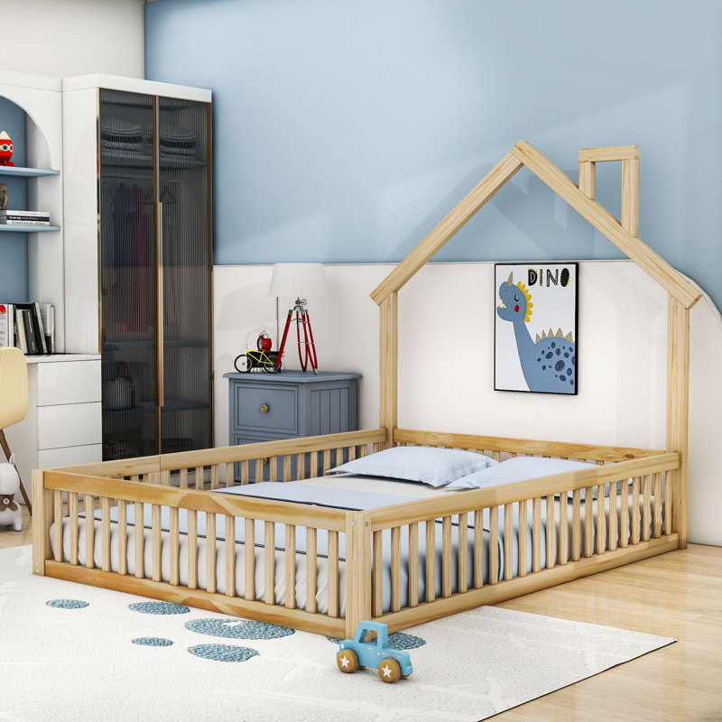 Lit plateforme double en bois avec garde-corps, Naturel