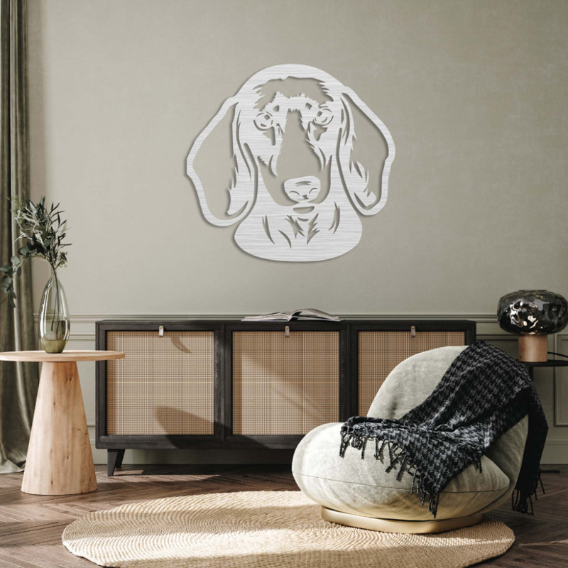 Teckel, art mural en métal - Silhouette de chien - Sculpture de chien, H 32 po x l 32 po x P 0,12 po, Argent