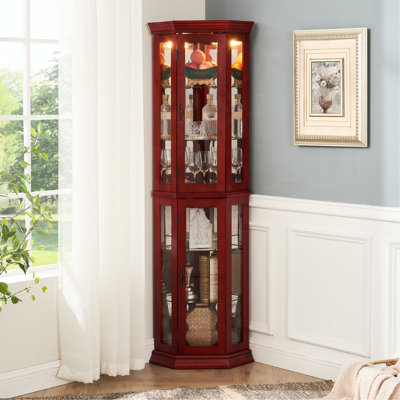Cherry Cabinet With Glass Panels And Adjustable Shelf Layouts Illuminated Shelves Classic Look