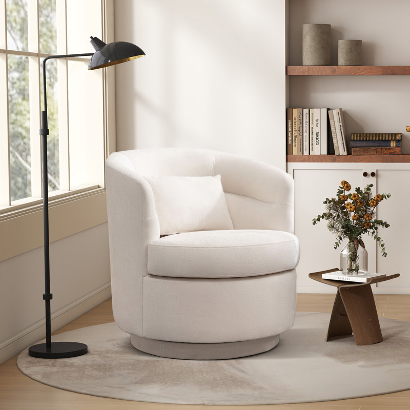 29" Wide Modern Upholstered Soft Swivel Barrel Chair With Lumbar Pillow, Beige