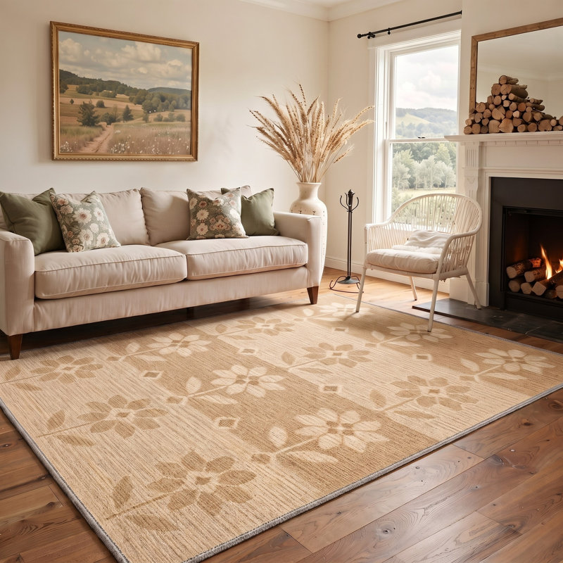 Tapis floral brun clair / ivoire lavable à la machine avec envers antidérapant, Rectangle 5 pi x 7 pi