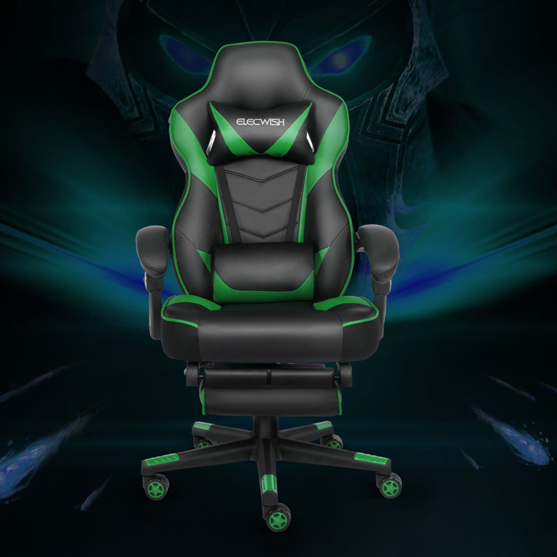 Fauteuil d'ordinateur ergonomique pour adultes à dossier haut avec repose-pieds et soutien lombaire, Noir/vert