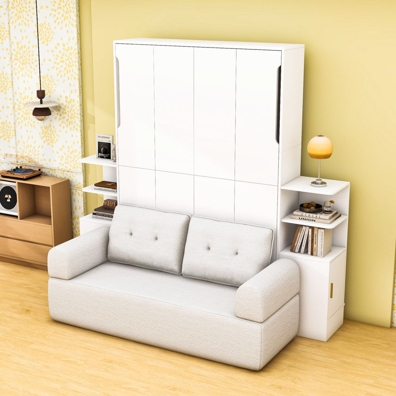 Lit escamotable double en bois avec armoires de rangement et canapé, Blanc