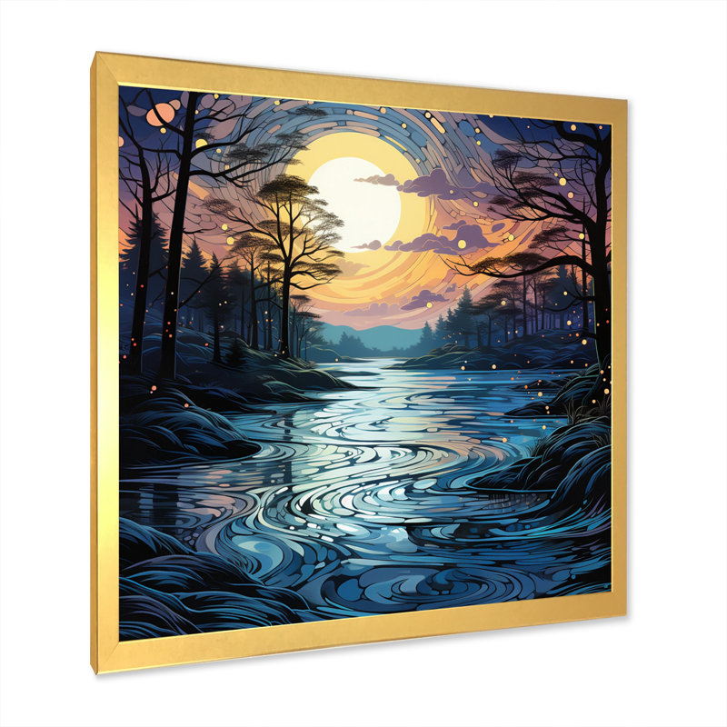 Lac au crépuscule III - reproduction, H 16 po x l 16 po x P 1 po, Encadrement doré