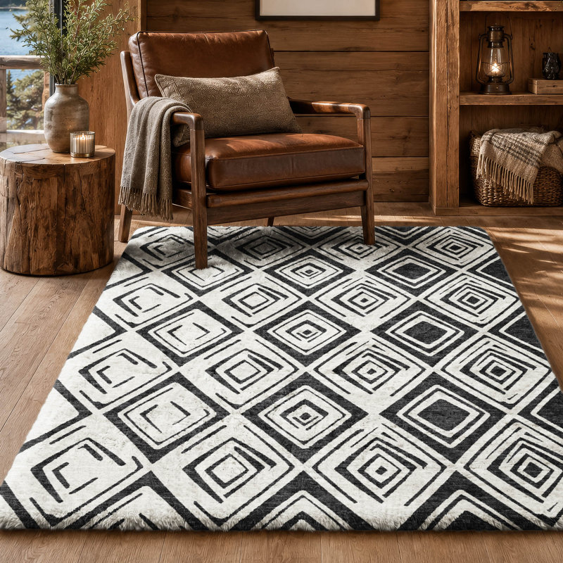 Tapis Dream Shag ADS733 à motif diamant, lavable à la machine et de qualité supérieure, Ivory, 3 pi x 5 pi