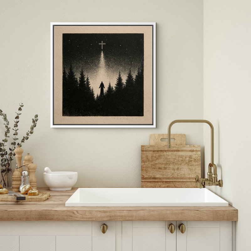 Croix religieuse, silhouette de forêt dans le ciel nocturne, toile encadrée, impression murale d'art pour chambre principale