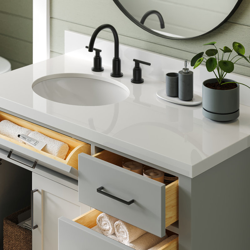 Meuble-lavabo simple en bois massif 42 po Tidworth avec plateau en quartz blanc 1,5 po, Gauche, Ovale, Gris
