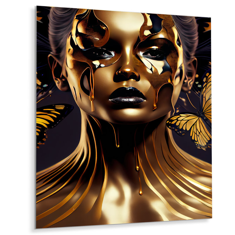 Femme avec papillons noirs et dorés II - Décoration murale contemporaine en métal glam, H 20 po x l 12 po x P 1 po