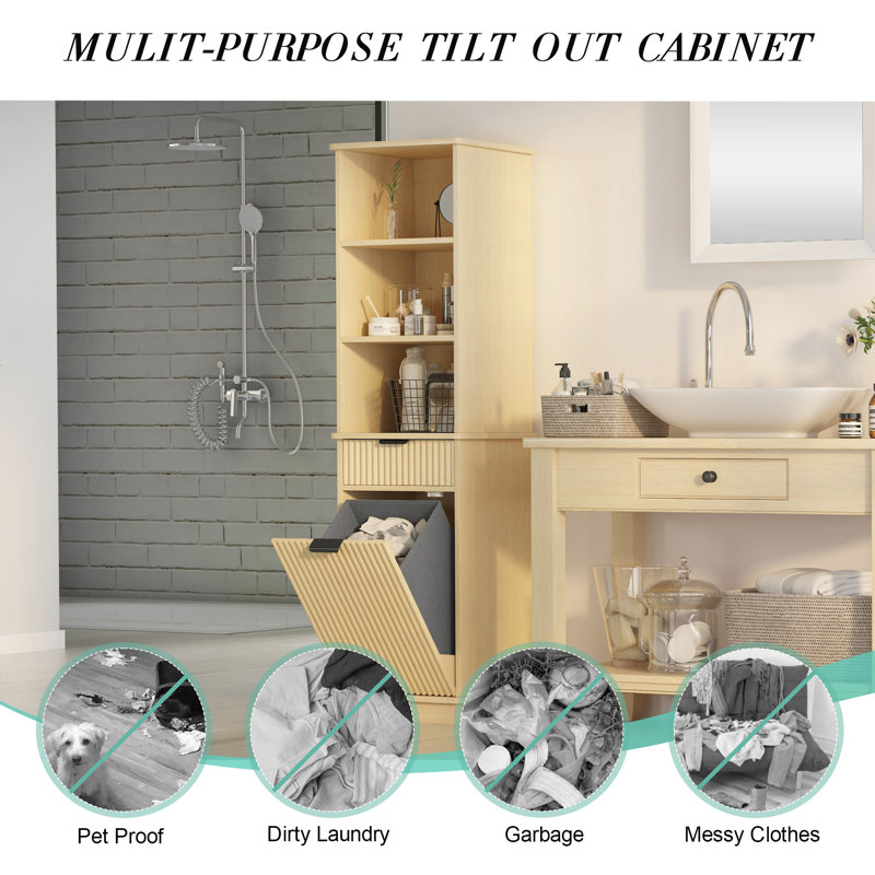 Tall Tilt Out Laundry Hamper Cabinet With Drawer & Hidden Hamper & Storage Shelves Bathroom, Natural Wood