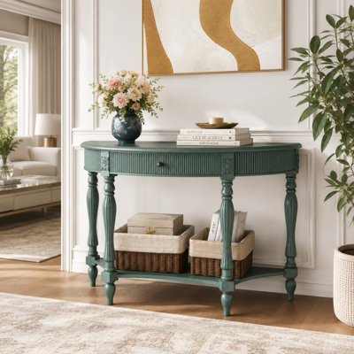 Console demi-lune avec tiroir et tablette ouverte, table d'entrée étroite pour le salon, table d'appoint décorative avec détails sculptés et rangement