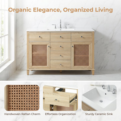 48" Natural Rattan Bathroom Vanity with Solid Wood Frame, 5 Drawers & 2 Rattan Cabinet Doors, Premium Ceramic Sink, Soft-Close Mechanism, Natural Oak Finish for Master & Family Bathrooms