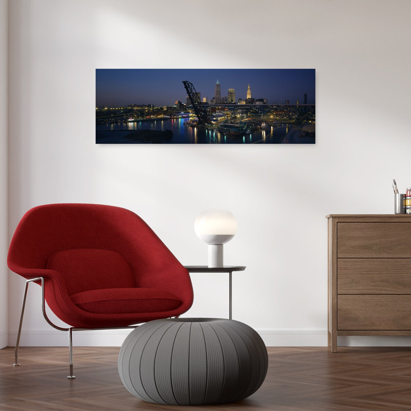 Skyscrapers Lit Up At Night In A City Cleveland Ohio USA by Jack Krawczyk - Wrapped Canvas Panoramic Print