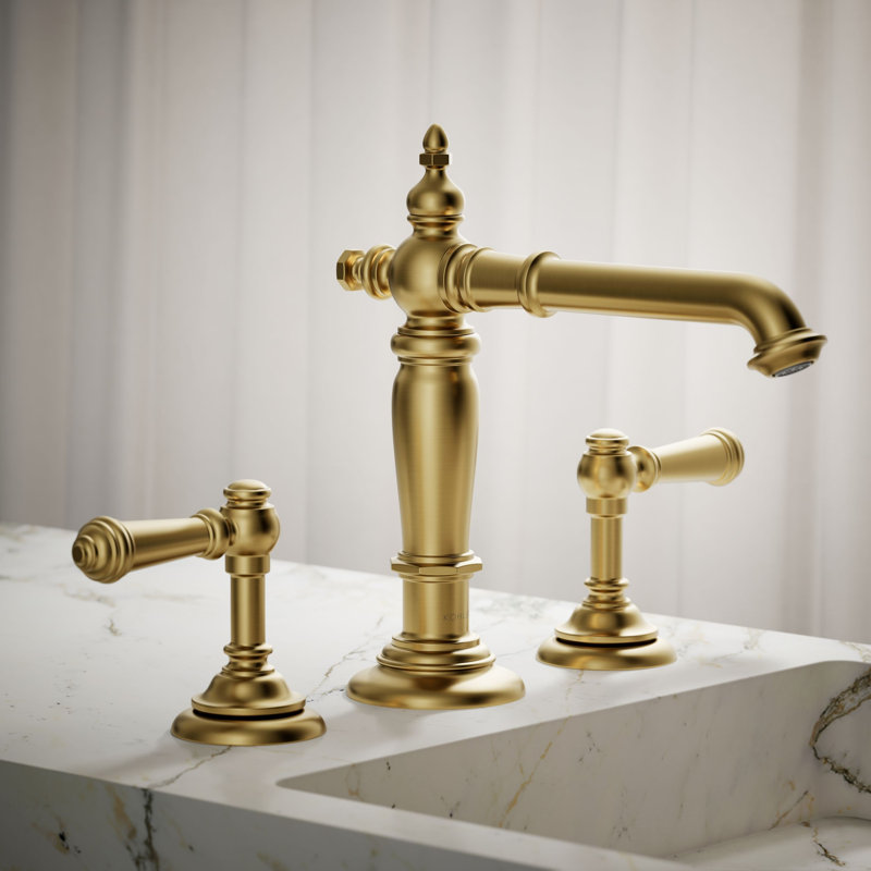 Artifacts® Widespread Bathroom Faucet with Drain Assembly, Vibrant Brushed Moderne Brass