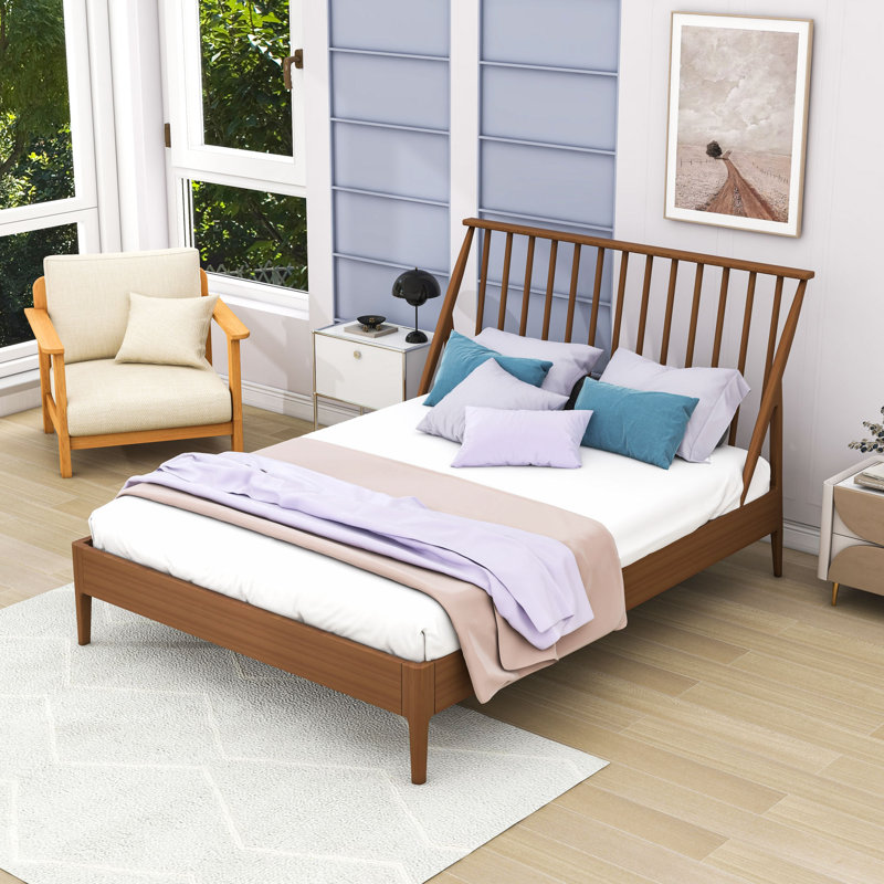 Lit plateforme en bambou avec tête de lit, lattes robustes et pieds centraux, Grand lit, Brun chaud