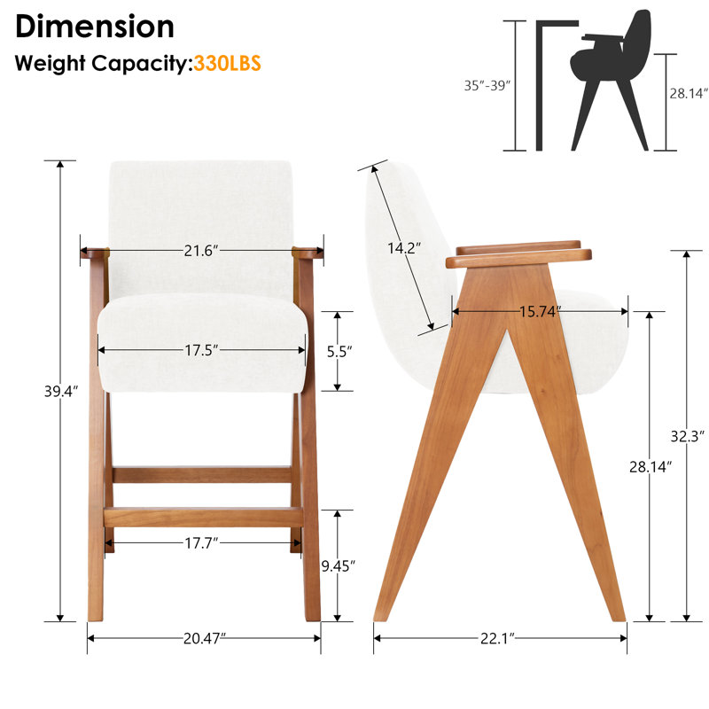 Mid-Century Upholstered Counter Bar Stool With Arms And Wooden Legs, Beige