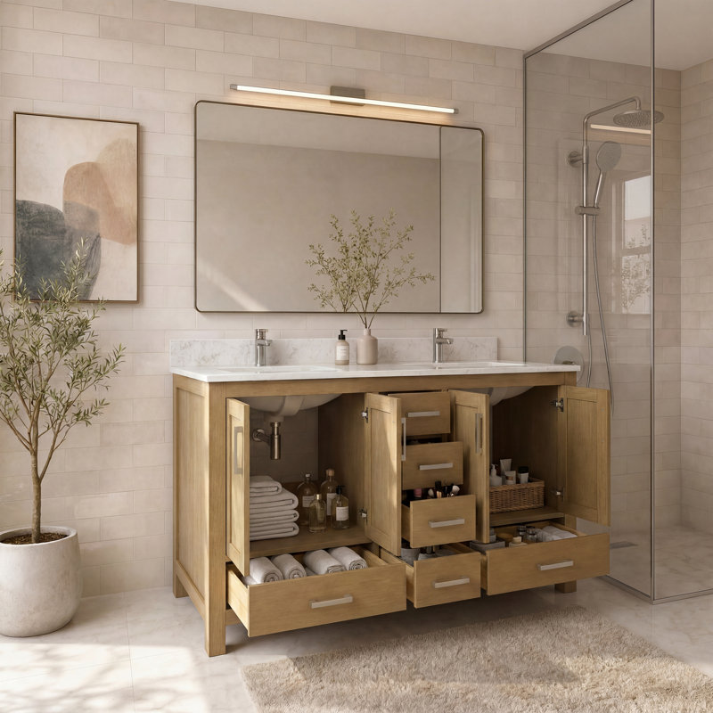 42" Pre-assembly Single Sink Bathroom Vanity with Soft-Close Drawers & Doors, Engineered Stone Top, 55"W