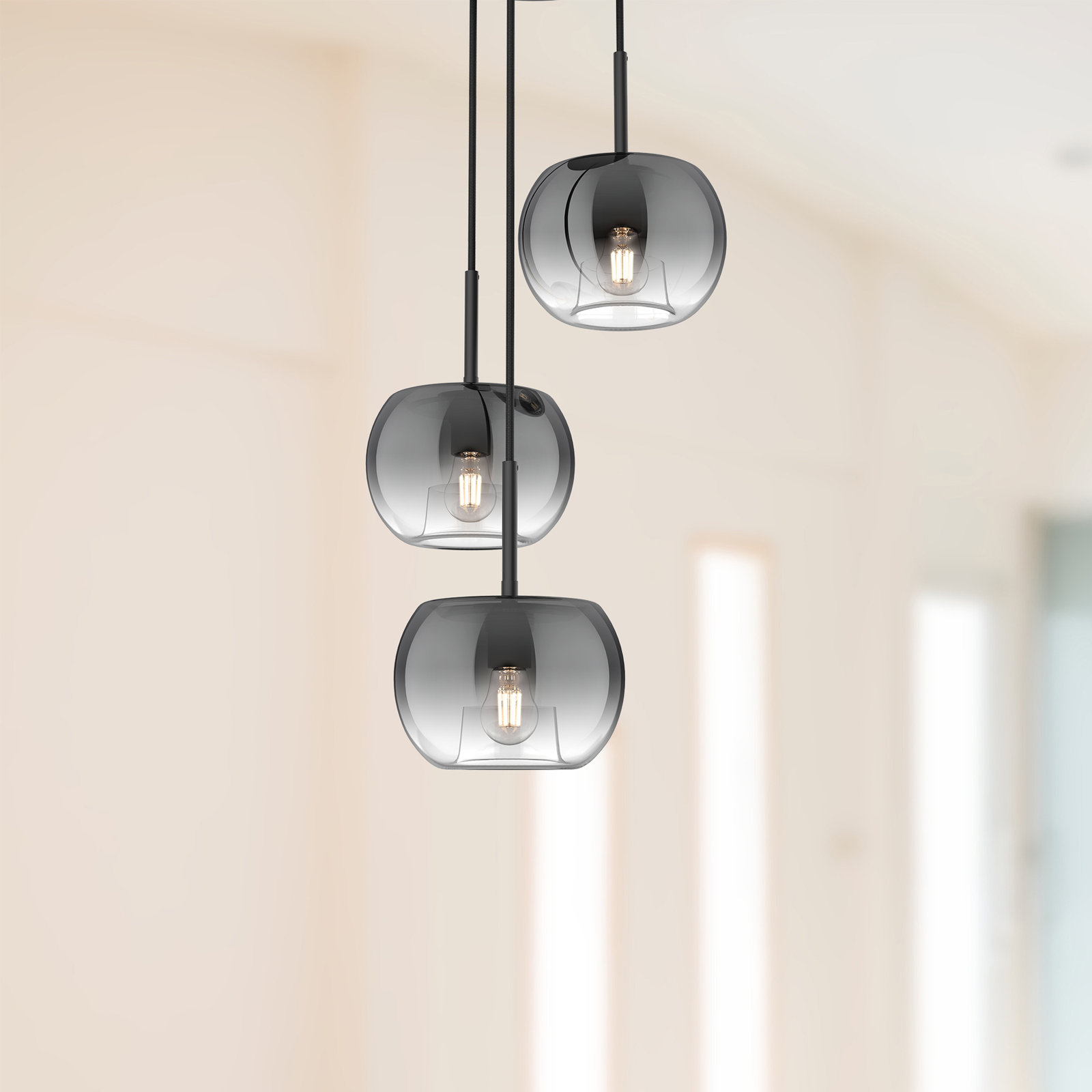 Samar 3 Light Glass Steel Pendant, Black/Smoked