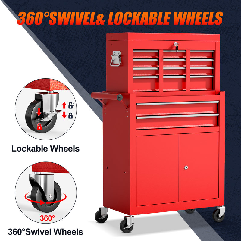 10-Drawers Rolling Tool Chest, 2 in 1 Lockable Tool Box with Drawers, High-Capacity Mechanic Tool Organizer, Adjustable Shelf & Detachable Top Cabinet for Workshop Garage