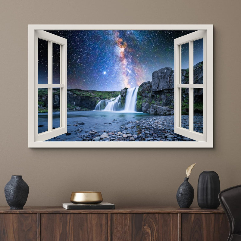 Fenêtre de paysage «Vue de la fenêtre Galaxie Voie Lactée Étoile Ciel Cascade Lac Nature Images Paysage Scénique» sur