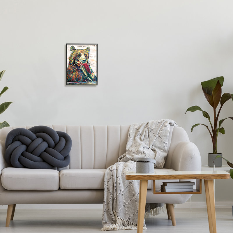 Ours et poisson, art moderne de la giclée encadrée noire par Jen Seeley, H 14 po x l 11 po x P 1,5 po