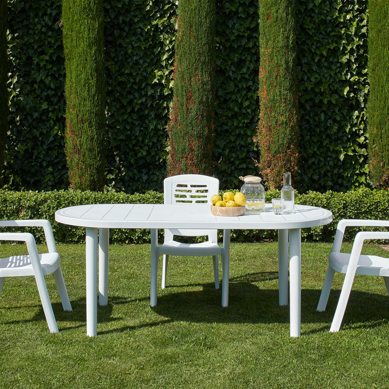 Oval Outdoor Dining Table With Umbrella Hole , 180cm W 90cm D, White