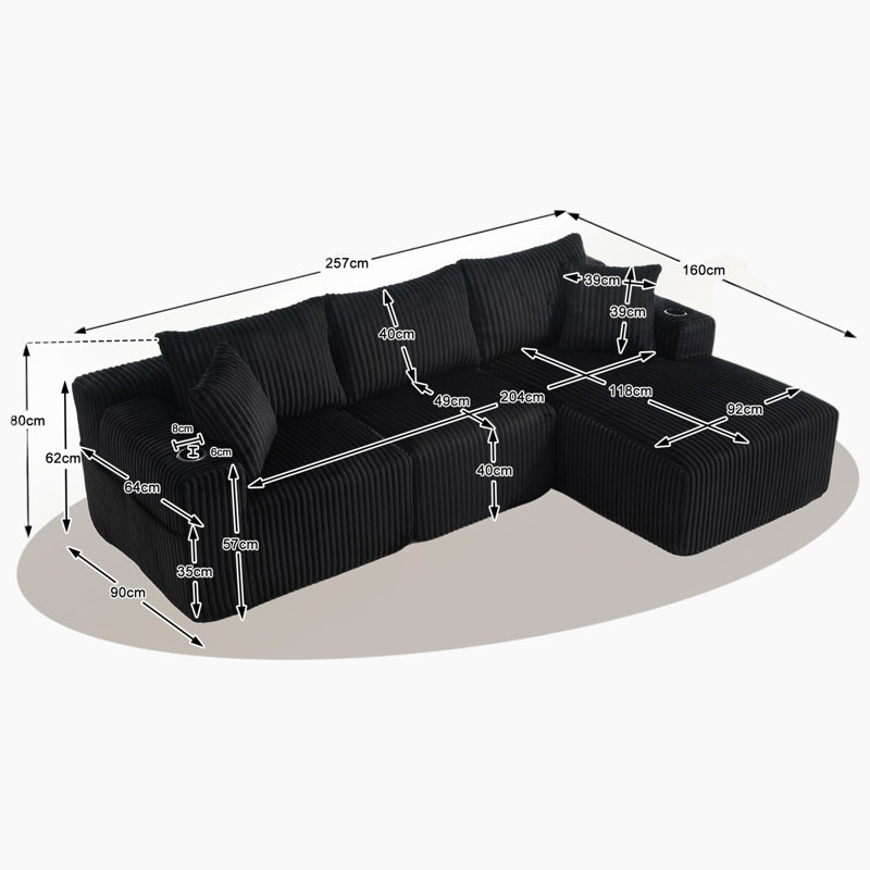 3 Seater Corduroy Corner Sectional, Black Corduroy